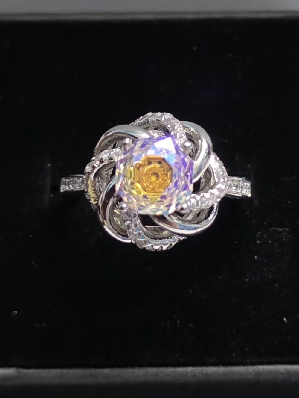 s925 sterling silver adjustable moissanite floral swirl statement ring